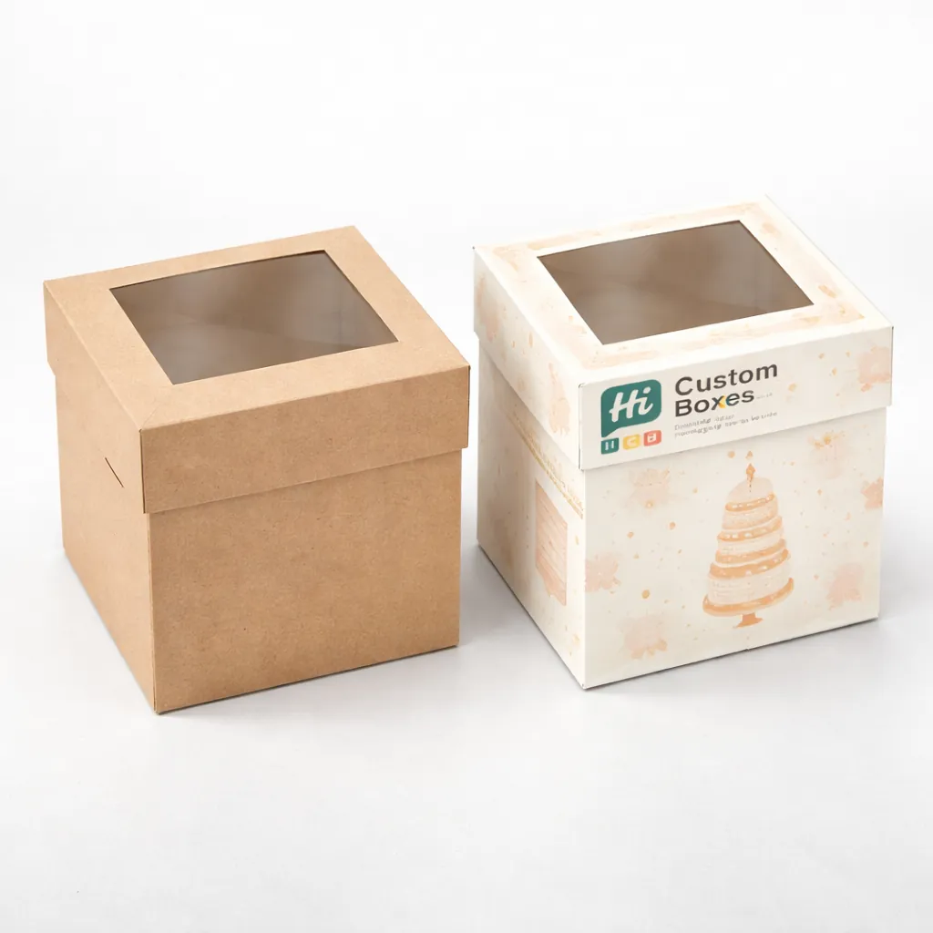 Two square cake boxes, one plain brown kraft and one printed with a tiered cake